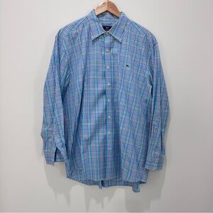 Vineyard Vines slim fit Whale button down shirt blue white pink plaid XXL